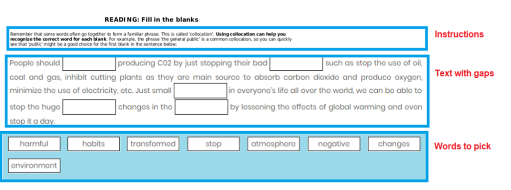 Reading Fill in the Blanks layout