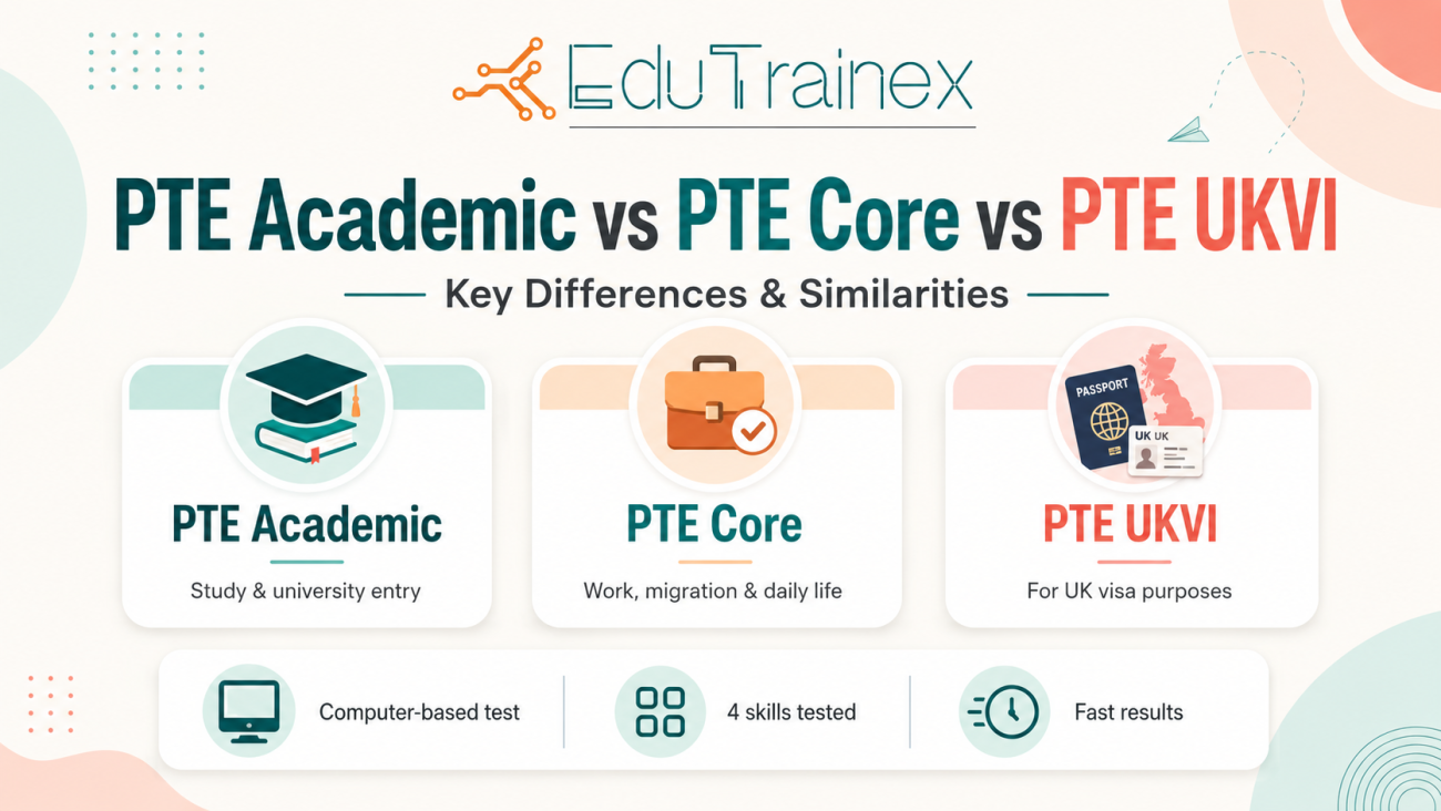 PTE Academic vs PTE Core vs PTE UKVI comparison breakdown by EduTrainex