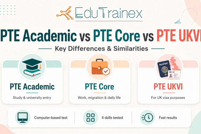 PTE Academic vs PTE Core vs PTE UKVI comparison breakdown by EduTrainex