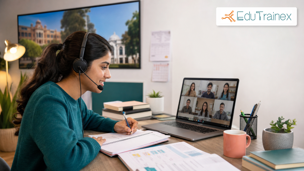 Student attending online PTE coaching class with headset and study notes