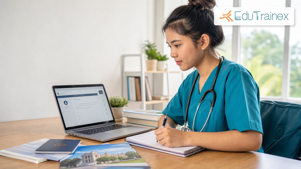Nursing student preparing for PTE exam on laptop