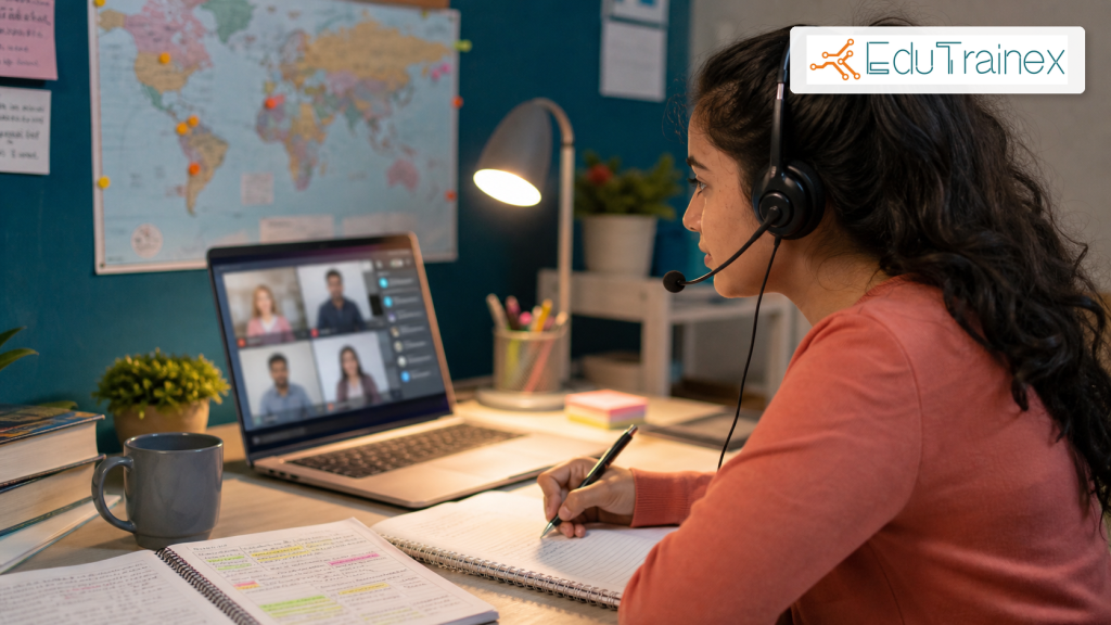Indian female student wearing headset taking PTE online preparation class